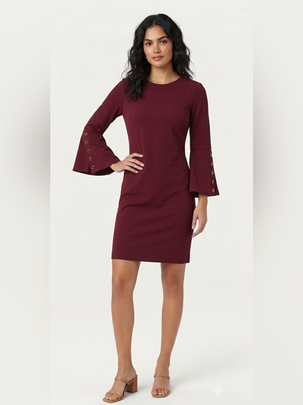 Carmen Marc Valvo Maroon Burgundy Bell Sleeve Knee Length Shift Dress Size 4
